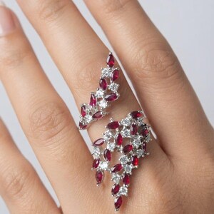 Ruby CZ Bypass Statement Ring, Red Marquise Cubic Zirconia, Silver Plated Floral Leaf Adjustable