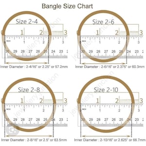 May include: A bangle size chart with four circular bangles, each labeled with a size and inner diameter in inches and millimeters. The chart includes sizes 2-4, 2-6, 2-8, and 2-10, with corresponding measurements.