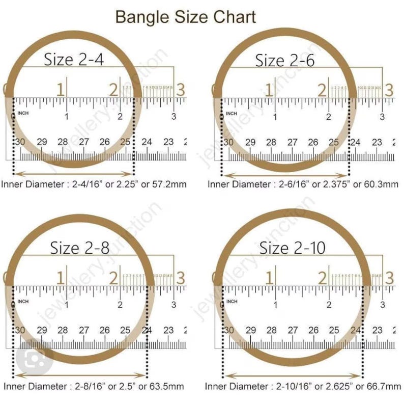 May include: A bangle size chart with four circular bangles, each labeled with a size and inner diameter in inches and millimeters. The chart includes sizes 2-4, 2-6, 2-8, and 2-10, with corresponding measurements.
