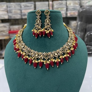 American Diamond Gold Choker Set: Pearl & CZ Beaded Necklace