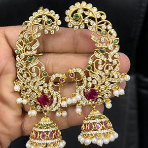 Gold Plated CZ Peacock Ear Cuffs, Ruby Emerald Jhumka, Indian Bridal Temple Jewelry