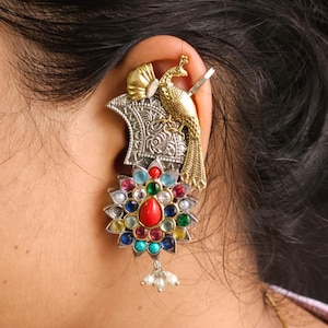 Oxidized Silver Peacock Earcuff: Kemp Stone Indian Bollywood Earring