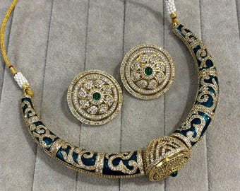 Kundan Minakari Choker Set: Rajwadi Hasli Necklace with CZ Diamond Studs