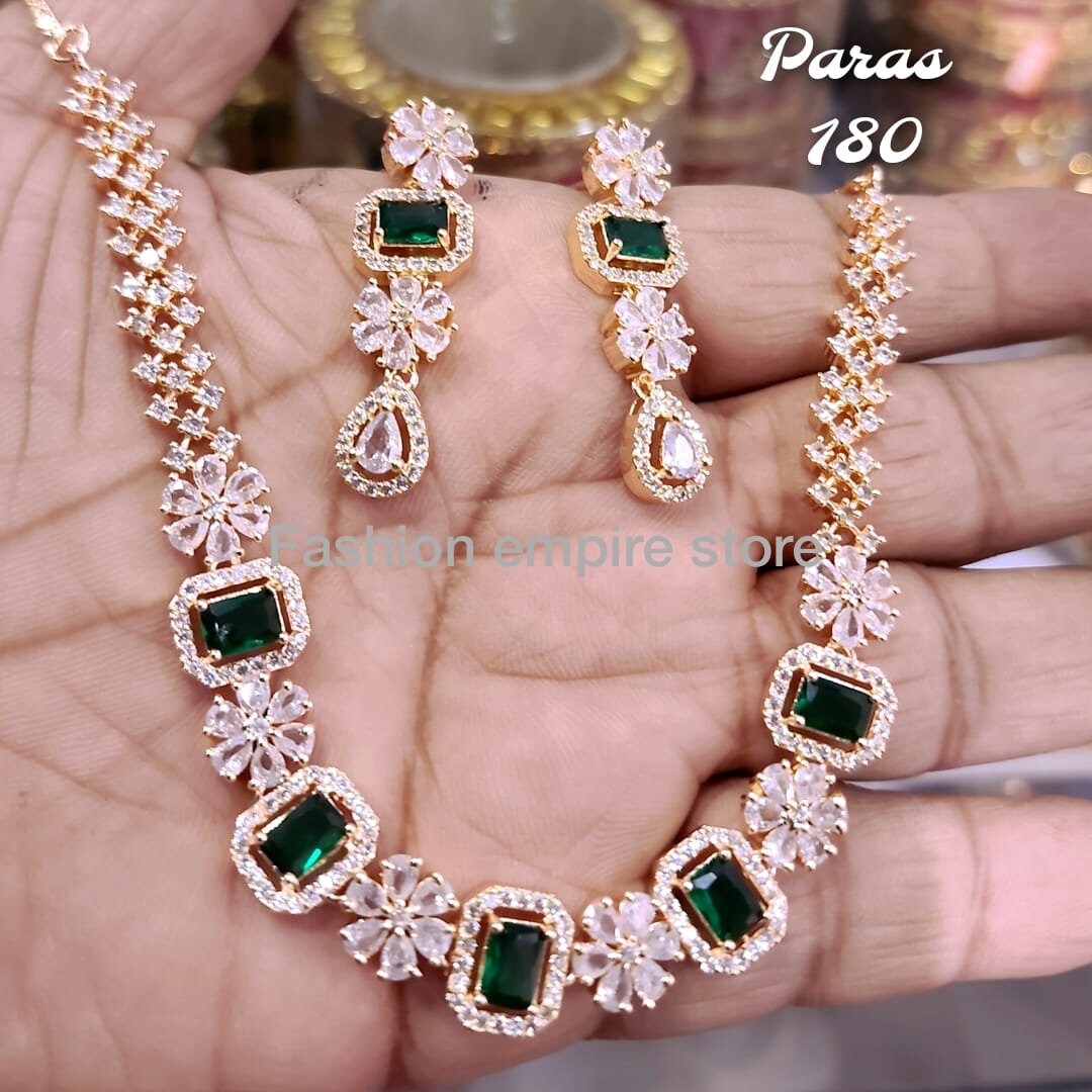 CZ Diamond Necklace Earring Set, Beautiful Green Emerald Necklace