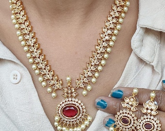 Antique Gold Plated Ruby Pearl Drops Necklace Silver South Indian Style Wedding Jewelry