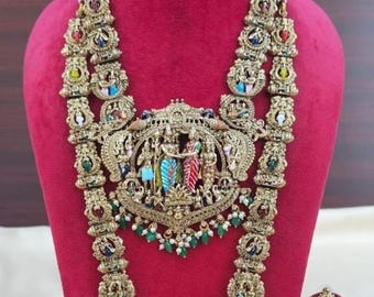 Indian Bridal Temple Jewelry Set, Double Layer Gold Haram, Meenakari Deity Pendant, Kemp Stone