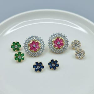 CZ Floral Stud Earrings Set, Interchangeable Jackets, Ruby Emerald Sapphire Tops