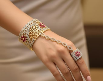 Gold Plated CZ Hand Harness Bracelet with Finger Ring