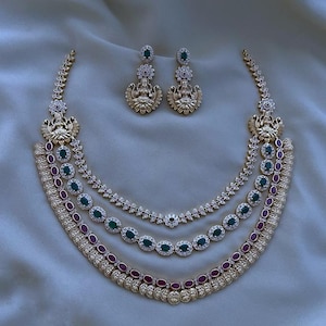 Temple Gold South Indian Necklace Set Matte Finish Kemp Stone Three Layer Necklace Indian Designer Jewelry Statement CZ Diamond Necklace