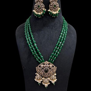 Victorian Polki Necklace: Green Monalisa Beads, CZ Diamond & Pearl Bollywood Jewelry