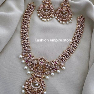 Designer CZ Diamond Necklace White Pearl Necklace South Indian Jewelry AD Necklace Set Temple Jewelry Wedding Jewelry Necklace Earring