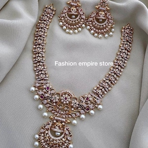 Designer CZ Diamond Necklace White Pearl Necklace South Indian Jewelry AD Necklace Set Temple Jewelry Wedding Jewelry Necklace Earring