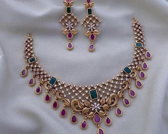Ruby Emerald Diamond Necklace Matte Gold Polish Jewelry Kundan Necklace CZ AD Necklace Bollywood Jewelry Indian Wedding Jewelry