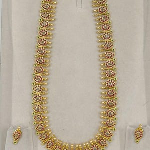 Gold Finish Long Haram Necklace Ruby Kemp Mango Mala South Indian Style Jewelry Indian Bollywood Necklace Pearl Beads Temple Jewelry