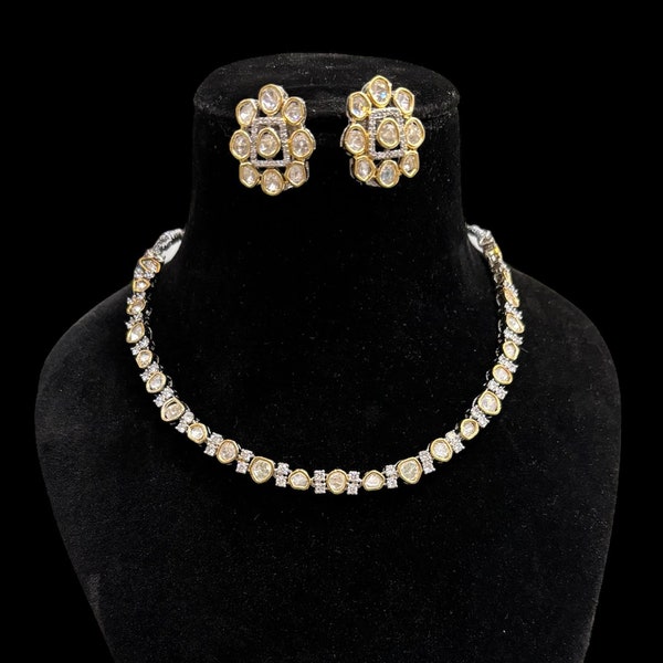 American Diamond Choker Set Uncut Polki Jewelry CZ Round Necklace Victorian Finish Jewelry Wedding Collection Indian Kundan Necklace