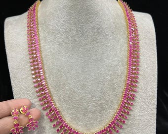 Ruby Quartz Long Necklace Set: CZ Diamond Indian Bridal Jewelry