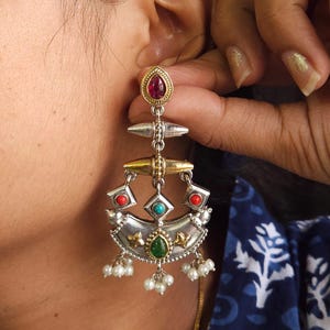 Oxidized Silver Afghani Earrings: Kemp Stone, Pearl Drops, Dual Tone