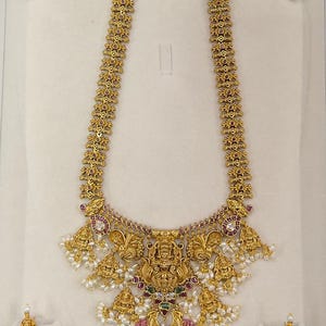 Gold Plated Kemp Stone Temple Necklace Set: South Indian Jewelry