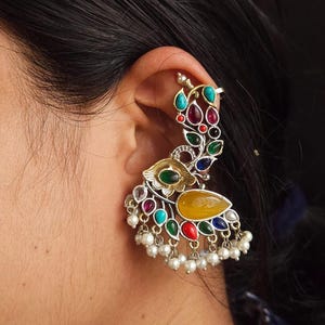 Oxidized Silver Earcuff: Semiprecious Stone & Pearl Tribal Earring