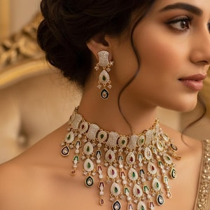 Silver Tone Kundan Bridal Choker Set Emerald & Ruby Polki CZ Diamond Necklace Indian Wedding Jewelry Set