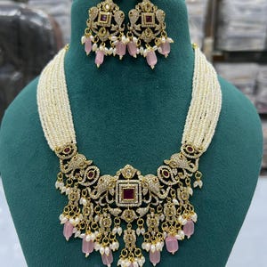 Kundan Polki Necklace Set: CZ Diamond, Pearl Drops, Indian Jewelry