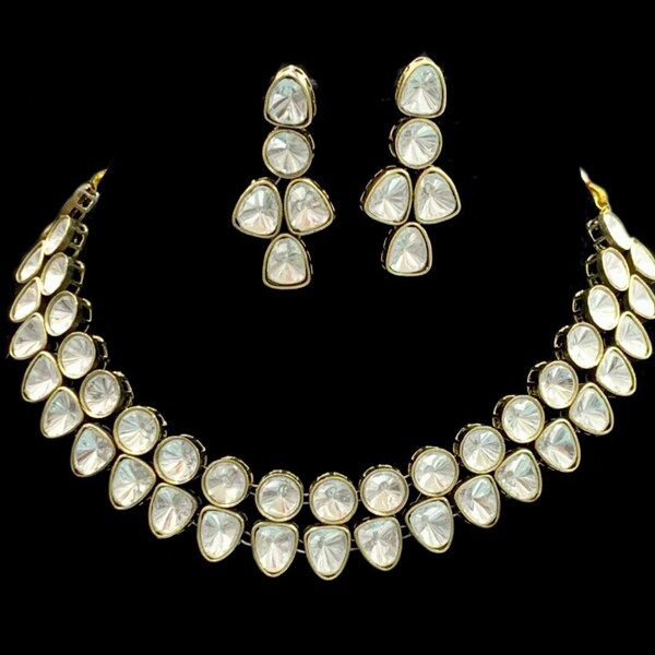 Uncut Moissanite Kundan Polki Necklace Silver Foil Jewelry Victorian Finish Diamond Bangle Openable Kada Sabyasachi Wedding Jewelry Combo