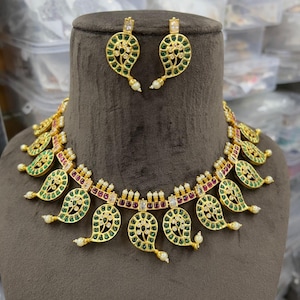 Antique Gold Finish Mango Choker Set Kemp Stone Haram Necklace Classic Indian Wedding Jewelry Traditional Indian Temple Jewelry Bridal Gift