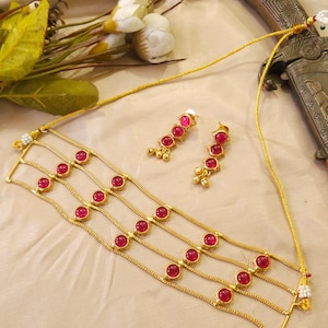 Conjunto de collar y pendientes hechos a mano con piedra Monalisa – Gargantilla tradicional india chapada en oro