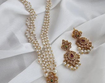 Kundan Rubin & Pärlhalsband Set: Sydindiska CZ Diamantsmycken