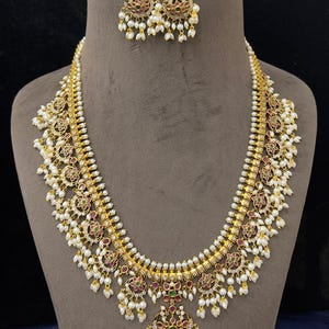 Premium Gold Plated Long Haram Necklace Kundan Inspire Kemp Stone Pearl Necklace Silver Foil Polki South Indian Wedding Jewelry