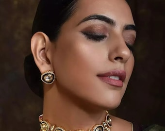 Kundan Polki Choker Set: Gold Finish CZ Diamond Indian Wedding Jewelry