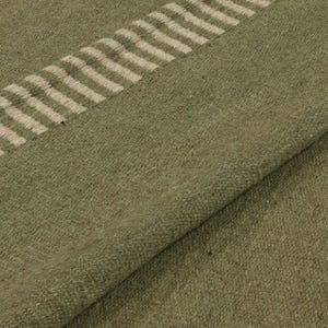 Handwoven Kilim Wool Rug Solid Green with Subtle Striped Edge Detail Reversible Flatweave Area Rug in 100% Natural Wool Non-Shedding Rug