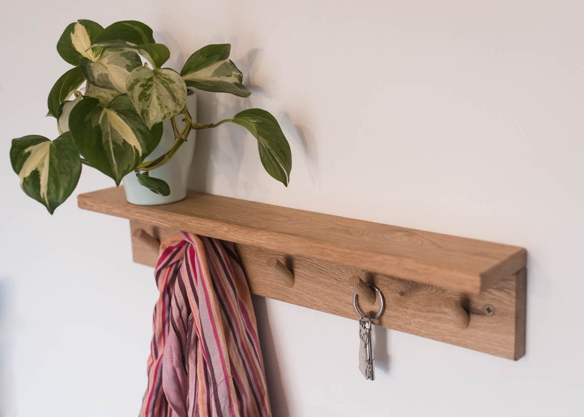 Solid Oak Wooden Peg Shelf Coat Hooks Handmade Entryway Etsy