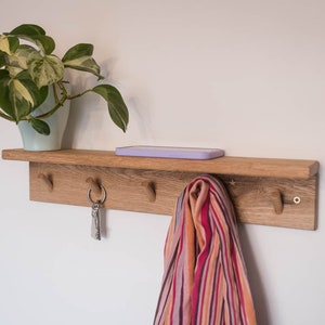 Handmade Solid Oak Peg Shelf: Entryway Coat Hooks, Custom Length