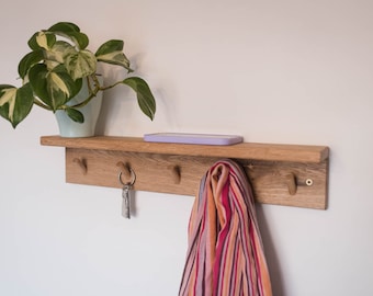 Solid Oak Wooden Peg Shelf Coat Hooks Handmade Entryway Organiser Rail with Wall Mount Custom Length