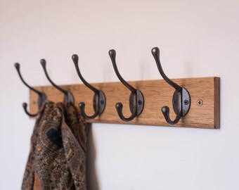 Handmade Solid Oak Coat Rack: Cast Iron Hooks, Entryway Organizer