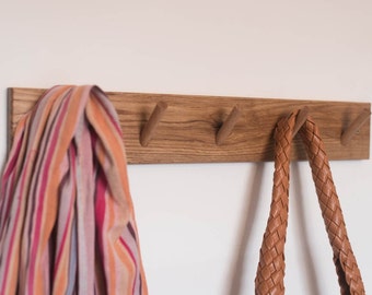 Solid Oak Wooden Peg Rail Coat Hooks Handmade Entryway Organiser With Wall Mount Custom Length