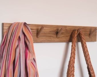 Handmade Solid Oak Peg Rail: Rustic Coat Hooks, Entryway Organizer