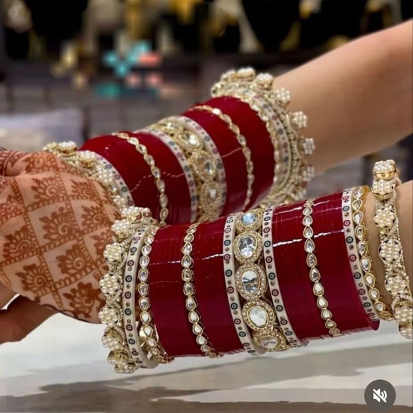 Beautiful AD CZ Bangles/Indian Wedding Punjabi Chooda/Red Chura Bangles/ Bridal Punjabi Chura Wear Red and Golden Chura Set for Marriage