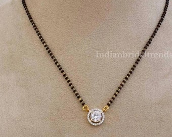 Golden chain Mangalsutra, Cubic Zirconia pendant Gold tone Mangalsutra, India traditional black beads, Modern Mangalsutra, Mangalsutra