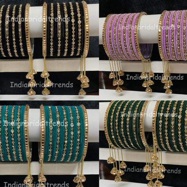 Bridal Velvet Bangles with Golden Work Tassel Bangle Bracelet/Pearl Indian Bangles Bracelet Set with Jhumki Borders/Indian wedding bangles/