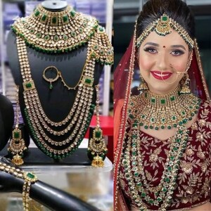 Elegant Kundan bridal set comes with all accessories/ Indian bridal jewelry/ high quality Gold plated kundan and Polki jewelry, Green Bridal