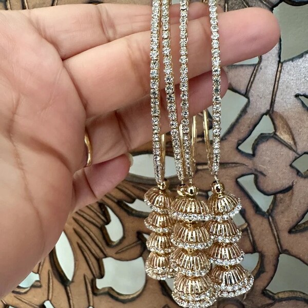 Set of 4 Stones bangles/muted gold stones bangles with dangling jhumkas/diamond look like bangles, tassels Bangles, Wedding bridal bangles