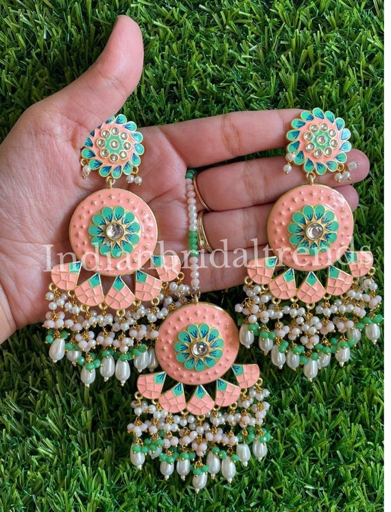 Kundan Earrings mint Meenakari Earrings pink Chandbali Indian