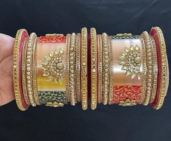 Traditional Gold Plated Chuda Bangles Set Kundan Work Chuda