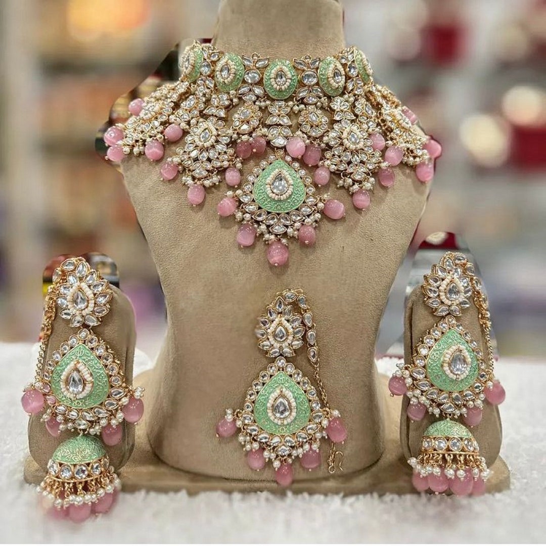 Indian Bollywood Bridal Jewelry Set - Pearl & Simulated Diamond Necklace & Earrings - Handmade Brass Alloy