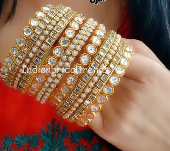 Indian Bangle Set Golden Kundan Pearl Indian Asian Bangles Set