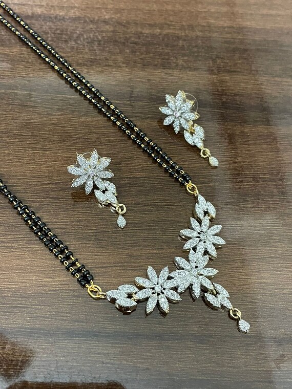 CZ and AD Diamond Gold Plated Mangalsutra Earrings Black Beaded