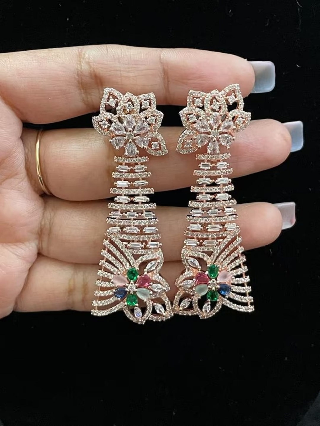 Rose Gold Earrings/ Indian Jewelry/ Gold Diamond Chandbali Earrings