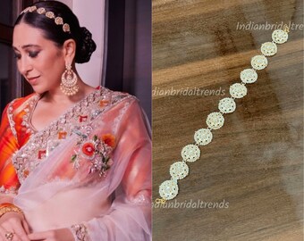 Karishma Kapoor Mathapatti Traditional Dulhan Bridal Headband Sheesphool mathapatti Pearl Hair accessories Gold-Plated Kundan Stud Hairband